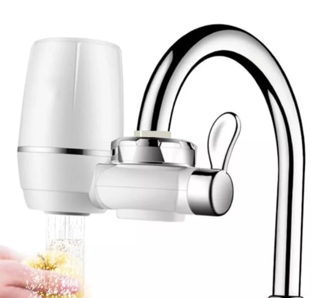 Filtro-Purificador-de-Agua-para-Torneira-com-Carvao-Ativo-Sistema.jpg Filtro Purificador de Água para Torneira com Carvão Ativo, Sistema de Filtragem Instantânea, Branco e Cromado, 115mm x 150mm x 65mm