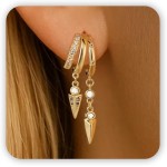 Freekiss 3 brincos de ilusão de argola com zircão, brincos hipoalergênicos para mulheres, conjunto de brincos delicados de cruz e gota de ouro, joia de prata