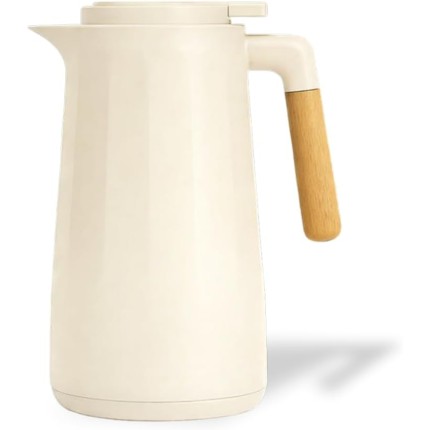 Garrafa Térmica 1L Creme Design Elegante com Cabo de Madeira para Café Chá e Bebidas Quentes Tampa Rosqueável com Sistema de Pressão Mesa Posta Premium