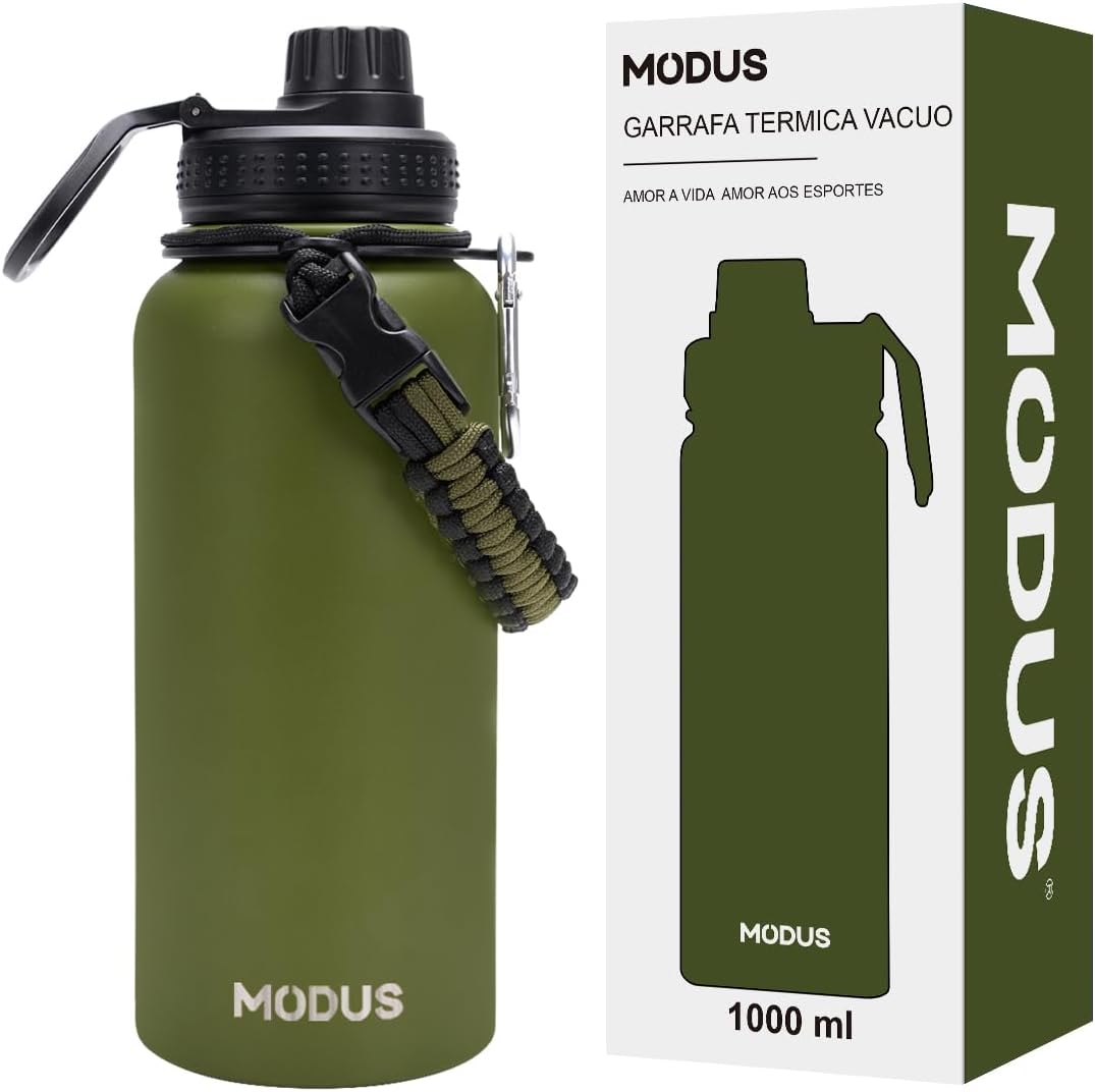 Garrafa-Termica-De-Aco-Inoxidavel-188-Isolado-de-agua-Esportiva.jpg Garrafa Térmica De Aço Inoxidável 18/8 Isolado de água Esportiva Com Alça Paracord 1000ML (Verde)