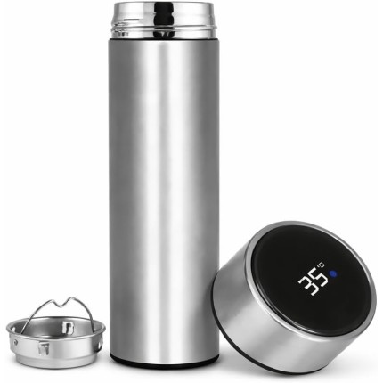 Garrafa Térmica Inteligente em Aço Inoxidável com Display LED de Temperatura 500ml Prata com Infusor de Chá