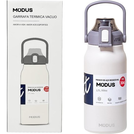 Garrafa Térmica Isolada a Vácuo De Aço Inoxidável 304 1700ML Grande Capacidade Com Canudo (Branco)