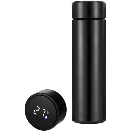 Garrafa Térmica com Visor de Temperatura, garrafa de Inox, garrafa de 500ml, garrafa de agua com Isolamento Térmico, com parede dupla, Portátil, preto, Chá, Bebidas Quentes ou Frias, inoxidavel