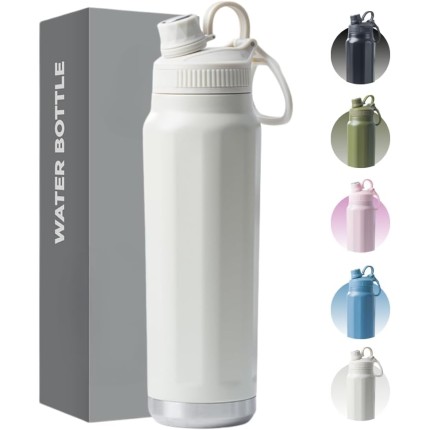 Garrafa Térmica de Aço Inox 800ml - Tampa com Alça - Sistema de Parede Dupla Isolada à Vácuo - Ideal para Academia/Trabalho/Faculdade (Off White)