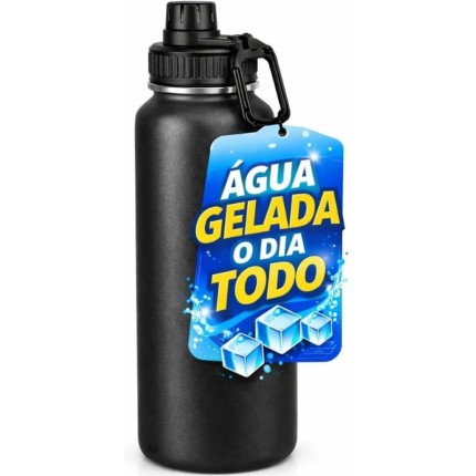 Garrafa de Água Térmica Preta 800ml Esportiva com Alça Parede Dupla Isolada a Vácuo Antivazamento Garrafinha Academia Fitness Corrida Esportes Escritório – Premium