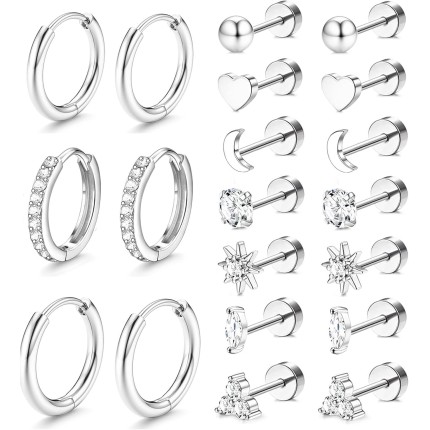 Incaton Brincos de argola hipoalergênicos para mulheres, pequenos brincos de aço inoxidável cirúrgico banhados a ouro 14 K para orelhas sensíveis, argolas prateadas, cartilagem, conjunto com vários