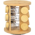 Jogo de 12 porta condimentos em vidro boro com tampa e suporte em bambu 80ml D20cm A24,5cm