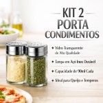 KIT CONJUNTO 2 PORTA CONDIMENTOS TEMPERO POTE DE VIDRO COM TAMPA INOX DE ROSCA GIRATÓRIA 90ML QUEIJEIRA FRASCO TRANSPARENTE