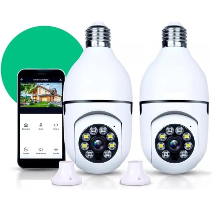 Kit 2 Câmera Segurança IP Lâmpada WiFi Inteligente Vigilancia Full HD 1080p Visão Noturna Infravermelho 1080P, Bivolt, Detecção de Movimento, Áudio Bidirecional, Prova D'água Giratória 360°