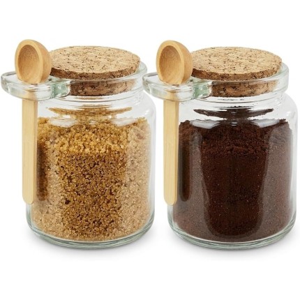 Kit 2 Porta Condimentos de Vidro 250ml com Tampa e Colher de Bambu Organização para Café Açúcar Sal e Temperos