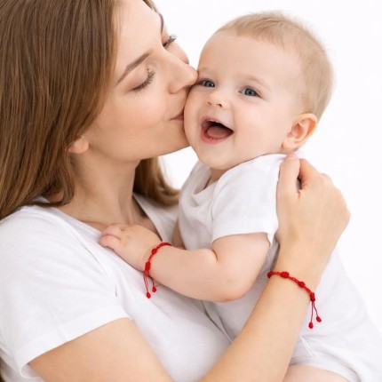 Kit 2 Pulseiras Kabbalah 7 Nós Vermelha, Mamãe e Bebê, Proteção, Artesanal, Adulto e Infantil