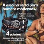 Kit 4 Pulseiras Masculinas ¨Modern Leather¨em Couro Legítimo e Madeira – Ajustáveis 18 a 26cm – Estilo Versátil e Sofisticado – Acompanha Bolsa de Veludo