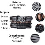 Kit 4 Pulseiras Masculinas ¨Modern Leather¨em Couro Legítimo e Madeira – Ajustáveis 18 a 26cm – Estilo Versátil e Sofisticado – Acompanha Bolsa de Veludo - Imagem 2