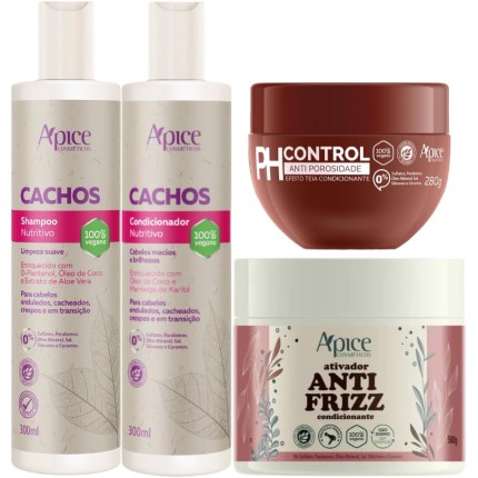Kit Apice Cachos Acidificante Anti Frizz Vegano 4 Produtos Completo Tratamento Capilar C/Mascara