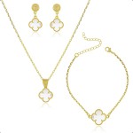 Kit Colar, Pulseira e Brinco Banhado a Ouro 18k com Trevo Cristal