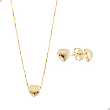 Kit Conjunto Colar E Pingente Feminino + Brinco De Coração Com Corrente Veneziana De 45 Cm Banhado À Ouro 18k E Com Banho Antialérgico Marca Andréia Branco Acessórios