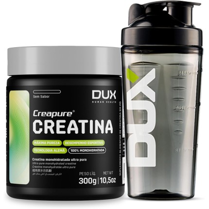 Kit Creatina Monohidratada 100% Creapure Sem Sabor Pote 300g + Coqueteleira - Suplementação Academia, Ganho Muscular Hipertrofia, Força Energia Resistência, Suplementos Naturais - DUX HUMAN HEALTH
