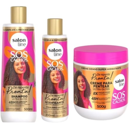 Kit Salon Line S.O.S Cachos De Repente Pronta - Shampoo + Acidificante + Creme para Pentear - 3 Unidades