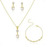 Kit Semijoia Banhado Ouro 18k - Conjunto com Pulseira, Corrente, Pingente e Brincos Coração Cristal
