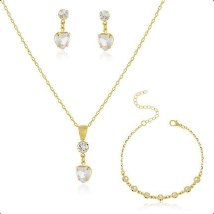 Kit Semijoia Banhado Ouro 18k - Conjunto com Pulseira, Corrente, Pingente e Brincos Coração Cristal