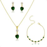 Kit Semijoia Banhado Ouro 18k - Pulseira, Corrente, Pingente e Brincos Coração Verde Esmeralda