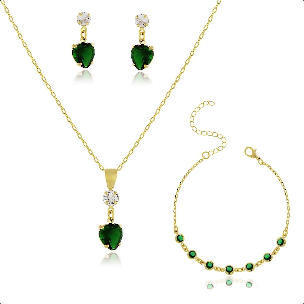 Kit-Semijoia-Banhado-Ouro-18k-Pulseira-Corrente-Pingente-e.jpg Kit Semijoia Banhado Ouro 18k - Pulseira, Corrente, Pingente e Brincos Coração Verde Esmeralda