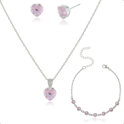 Kit Semijoia Banhado Prata 925 com Pulseira, Colar e Brinco Coração Rosa