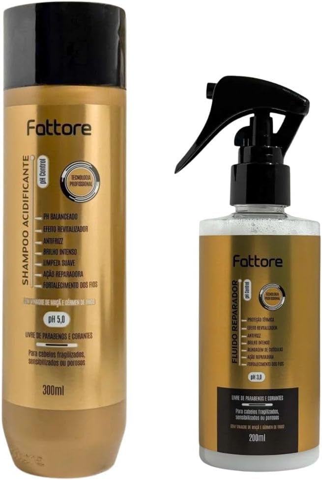 Kit-Shampoo-Acidificante-Fluido-Reparador-Fattore-–-Tratamento-Capilar.jpg Kit Shampoo Acidificante + Fluido Reparador Fattore – Tratamento Capilar Profissional – pH 5,0 e pH 3,0 – Com Vinagre de Maçã e Extrato de Gérmen de Trigo – Limpeza Suave, Selagem de Cutículas, Antifrizz, Brilho Intenso, Proteção Térmica e Fortalecimento – Para Cabelos Fragilizados e Danificados – Uso Diário ou Profissional