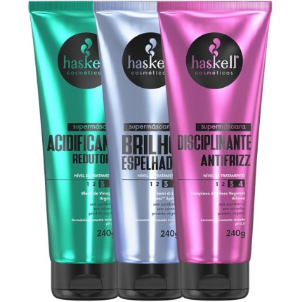 Kit Supermáscaras Haskell Acidificante Redutor de pH, Brilho Espelhado e Disciplinante Antifrizz 240g