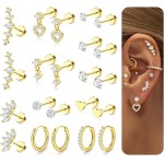 LOLIAS Brincos hipoalergênicos de costas planas para mulheres, brincos de cartilagem - Conjunto de brincos de argola de aço inoxidável cirúrgico 20G Daith Conch Tragus Helix Piercing Jewelry