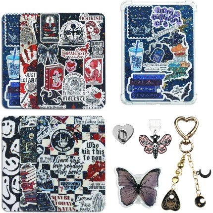 Lindo conjunto de cartões de inserção para Kindle, 6 designs temáticos de livros com berloques para Kindle e plugues de poeira USB-C, para 11ª/12ª geração, 17,3 x 12,2 cm (preto 2)