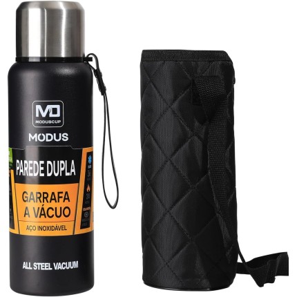 MODUS Garrafa Térmica De Aço Inoxidável Isolada A Vácuo Com Copo Portátil E Bolsa (Preto 1000ML)