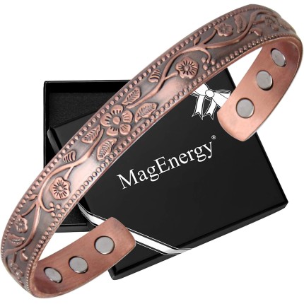 MagEnergy Copper Bracelets for Women, 99.9% Pure Copper Vintage Flower Magnetic Bangle with 3500 Gauss Magnets,Adjustable Cuff Jewelry Gift