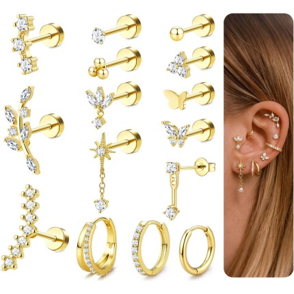 ORAZIO Brincos de cartilagem 16G/18G/20G para mulheres, costas planas, hipoalergênicos, aço cirúrgico, pequeno, flatback e cartilagem, conjunto de brincos de cartilagem Daith Conch Tragus, para