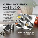 Porta Condimentos Inox Magnético com 6 Potes com Imã Organização Prática e Moderna para Cozinha