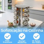 Porta Temperos Giratório Inox com 16 Potes de Vidro – Organizador de Condimentos 360° para Cozinha Moderna e Funcional | Premium MyBrins - Imagem 2