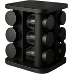 Porta Temperos Giratório com 12 Potes de Vidro 85ml com Tampa Inox Premium – Organizador de Condimentos Preto para Cozinha, Suporte Giratório Resistente para Armazenamento de Temperos e Especiarias