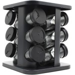 Porta Temperos e Condimentos de Vidro com Suporte Giratório Quadrado c/12 Potes de 85ml para Cozinha Preto