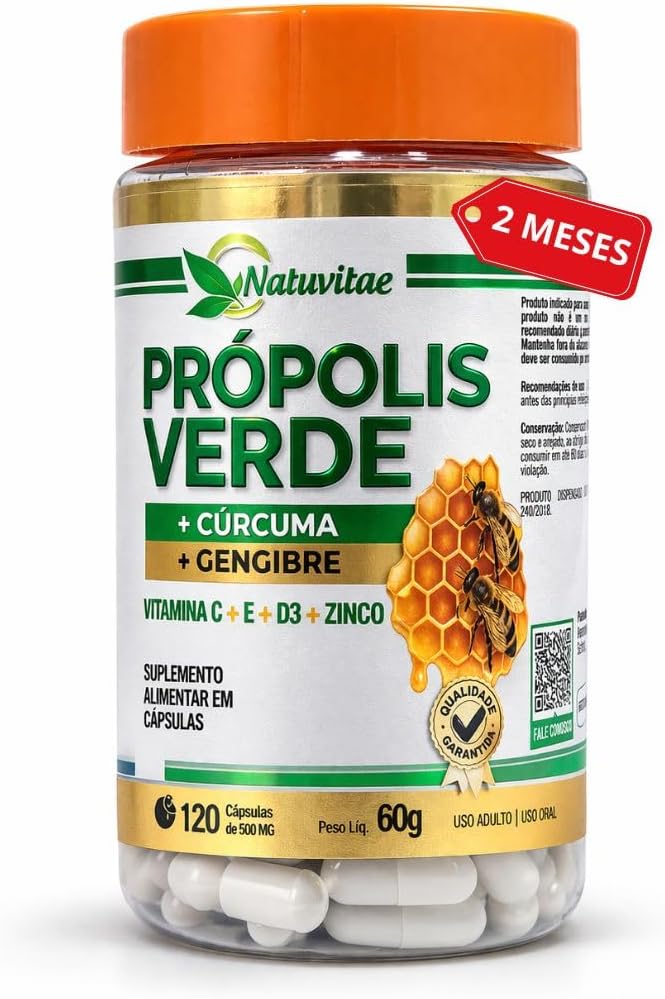 Propolis-Verde-com-Curcuma-e-Gengibre-Vitaminas-C-E.jpg Própolis Verde com Cúrcuma e Gengibre + Vitaminas C E D3 e Zinco, 500mg 120 Cápsulas, 2 Meses de Uso, Alta Concentração