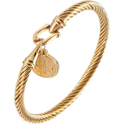 Pulseira Feminina "Única" São Bento em Aço Inoxidável 316L Banhada a Ouro 18k, Medalha Religiosa de Proteção, 21cm
