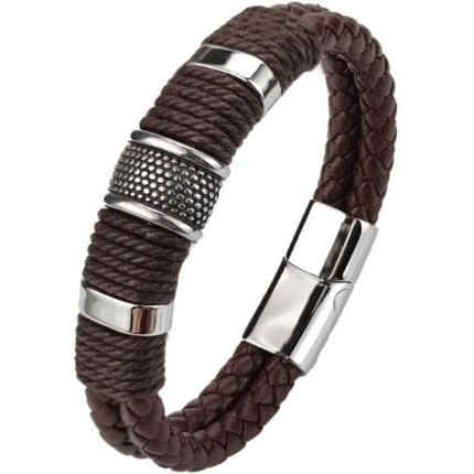 Pulseira Masculina "Brave Style" em Couro e Titânio, Masculino, Cor Prata - Acompanha Bolsa de Veludo