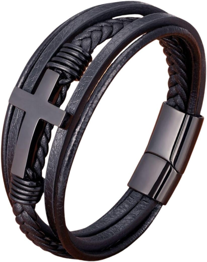 Pulseira-Masculina-Christ-Style-em-Couro-e-Aco-Cirurgico-316L.jpg Pulseira Masculina "Christ Style" em Couro e Aço Cirúrgico 316L, Masculino, Fecho Magnético 21cm, Cor Preto - Acompanha Bolsa de Veludo