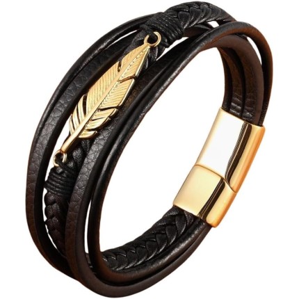 Pulseira Masculina "Feather" 5 em 1 em Couro Legítimo e Aço Cirúrgico 316L, Masculino, Fecho Magnético - Acompanha Bolsa de Veludo