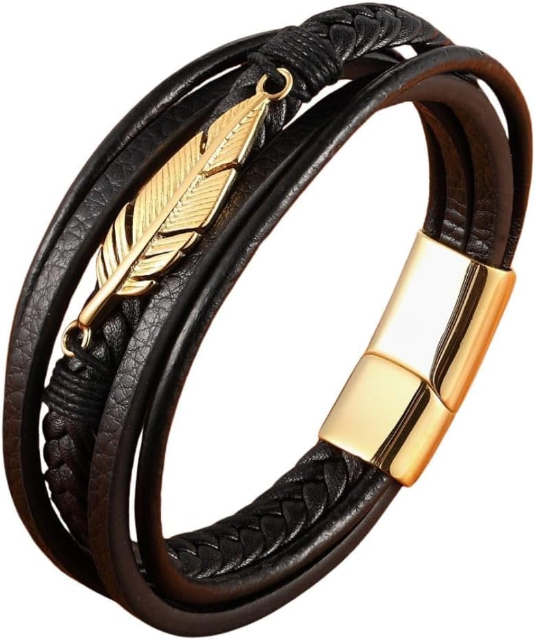 Pulseira-Masculina-Feather-5-em-1-em-Couro-Legitimo-e.jpg Pulseira Masculina "Feather" 5 em 1 em Couro Legítimo e Aço Cirúrgico 316L, Masculino, Fecho Magnético - Acompanha Bolsa de Veludo