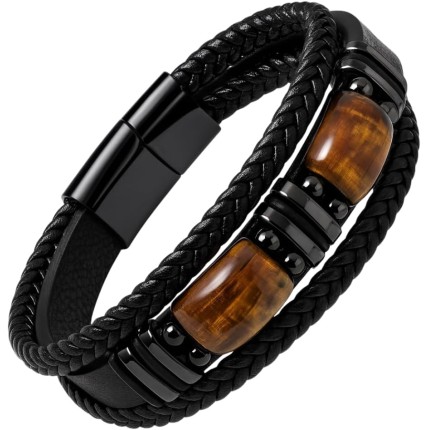 Pulseira Masculina Premium Áurea Guardiã – Olho-de-Tigre & Couro Preto | Proteção, Força & Estilo