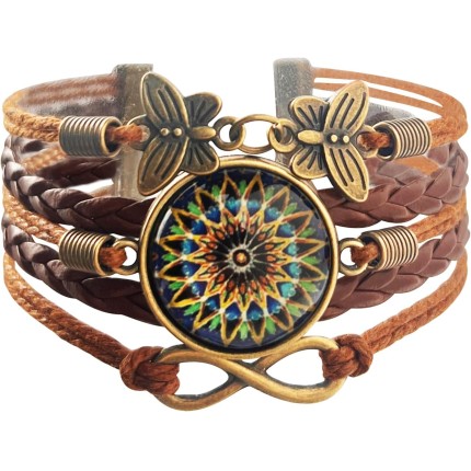 Pulseira feminina floral de mandala de ioga - Pulseira de couro sintético trançada Boho feita à mão com pingente de borboleta - Joias hippie ajustáveis vintage
