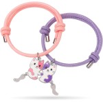 Pulseiras da Amizade com Pingentes de Gatinhos, Cordão Trançado 8mm, Kit 2 Peças, Rosa e Lilás