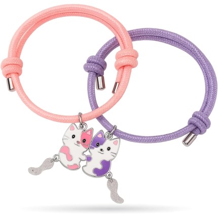 Pulseiras da Amizade com Pingentes de Gatinhos, Cordão Trançado 8mm, Kit 2 Peças, Rosa e Lilás