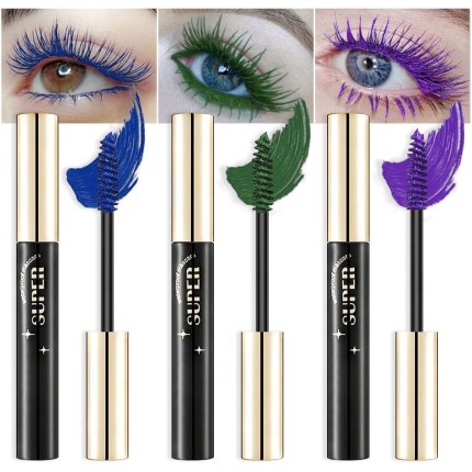 Rímel azul roxo verde colorido para cílios, volume, levantamento e alongamento à prova d'água de longa duração para cílios dramáticos, rímel para mulheres mais velhas, maquiagem vegana e livre de