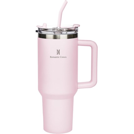 Romantic Crown Copo Térmico com Canudo Tampa e Alça 1,18L, Copos Garrafas Termico para viagem vácuo dupla camada aço inoxidável, Caneca Termica Cafe Água Chá,Presente, Fitness (Rosa claro)
